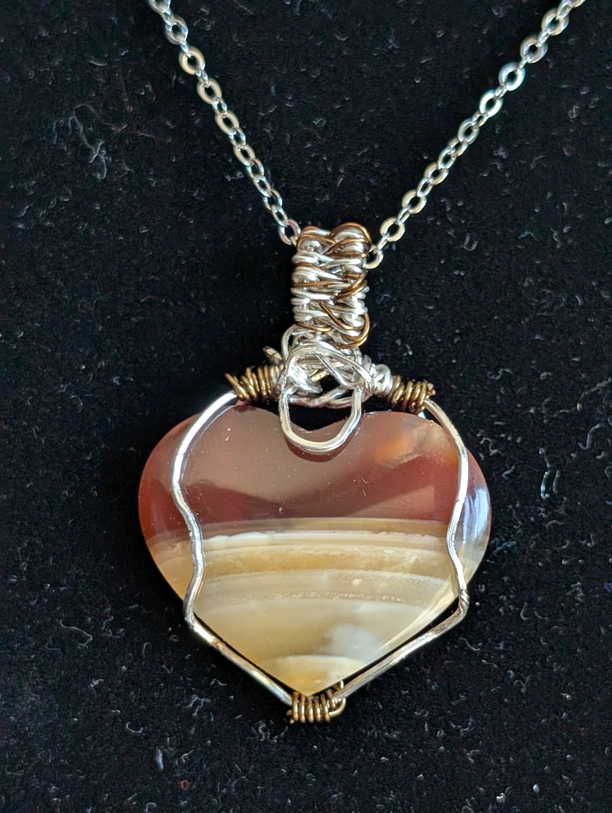 Wire Wrapped Banded Carnelian Heart Pendant