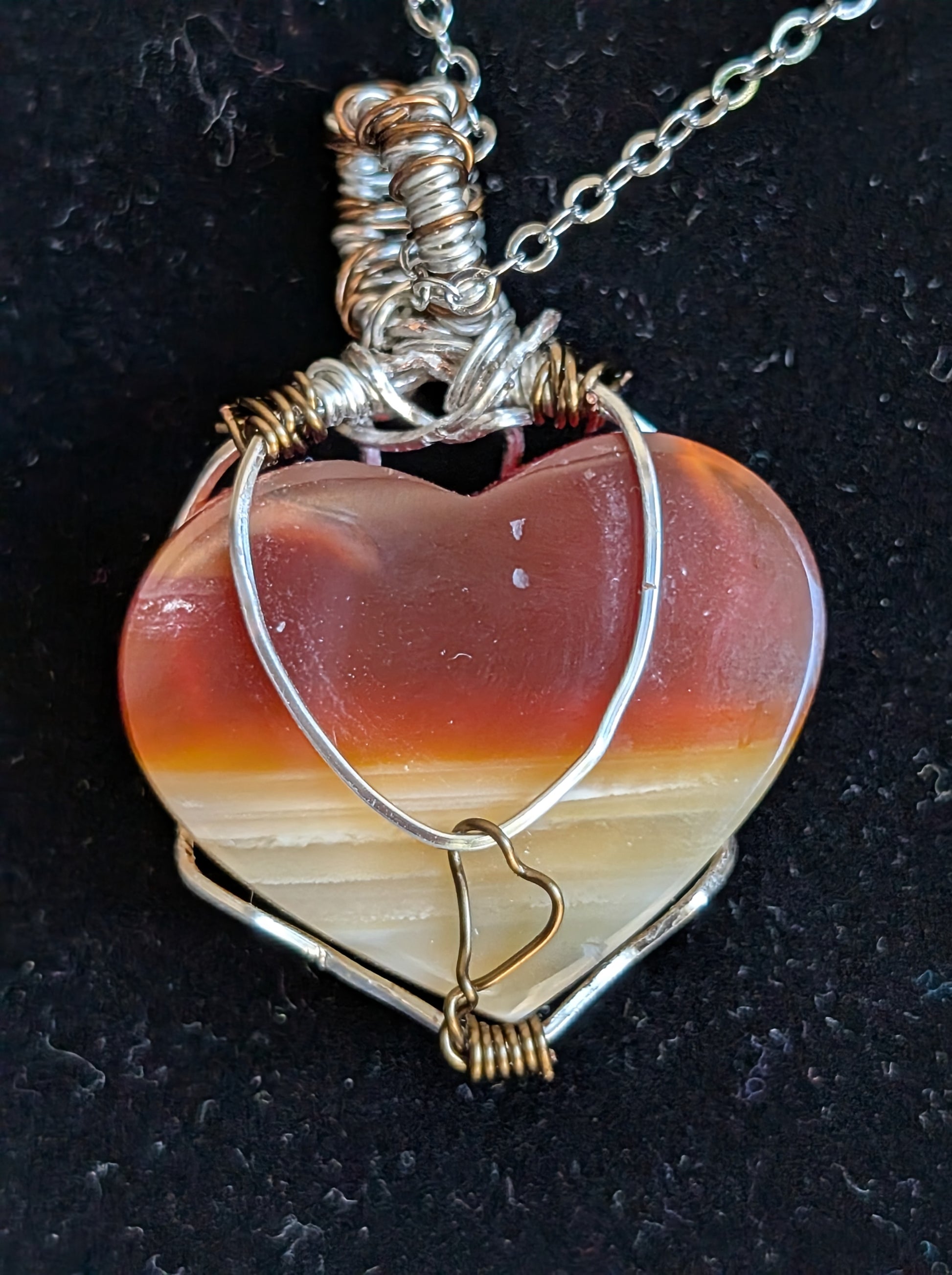 Wire Wrapped Banded Carnelian Heart Pendant