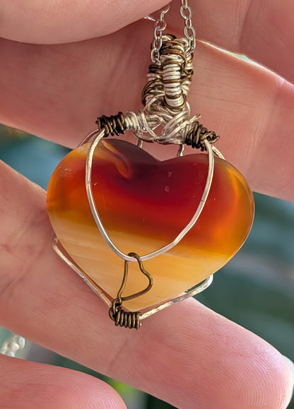 Wire Wrapped Banded Carnelian Heart Pendant