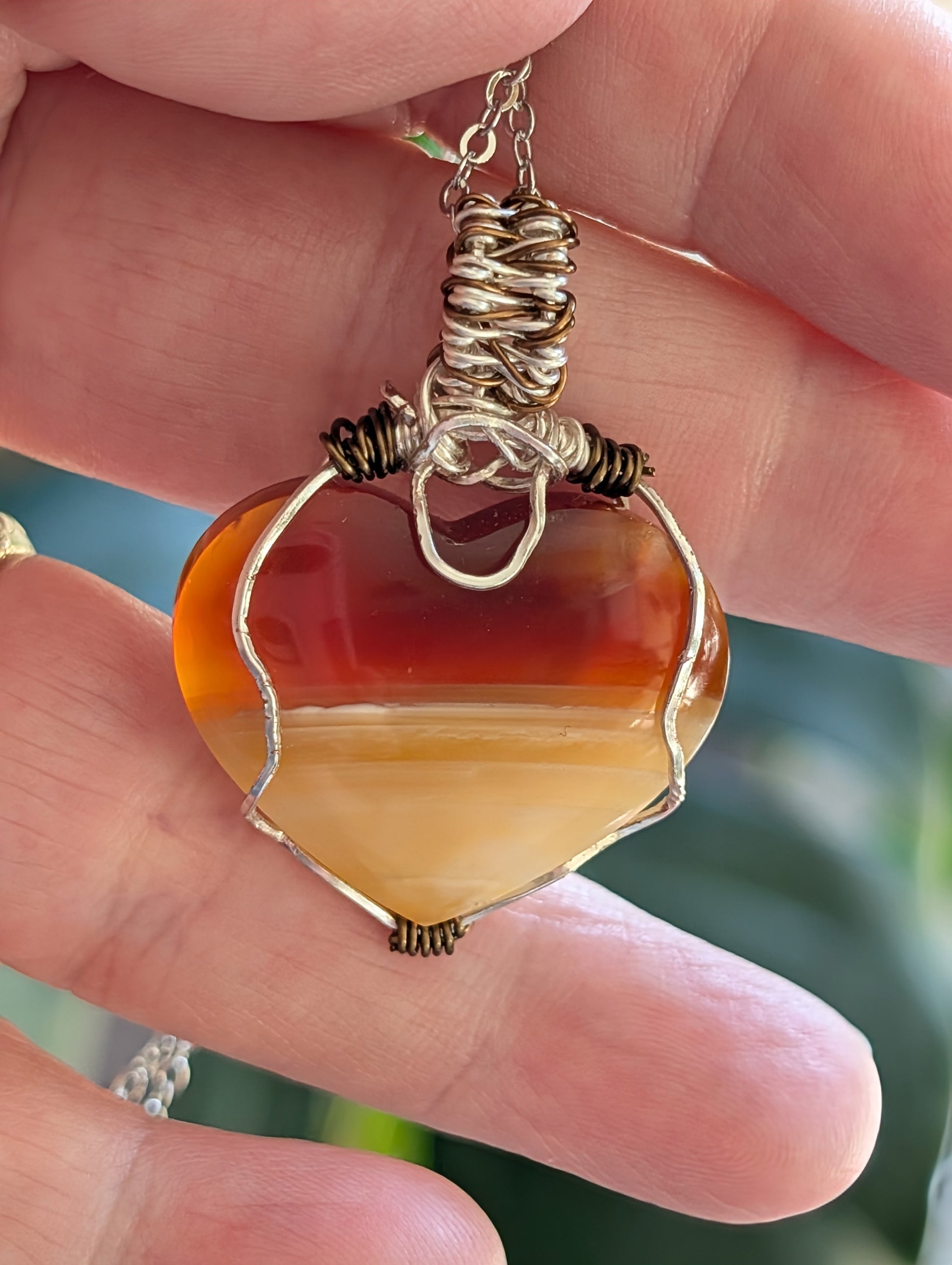Wire Wrapped Banded Carnelian Heart Pendant