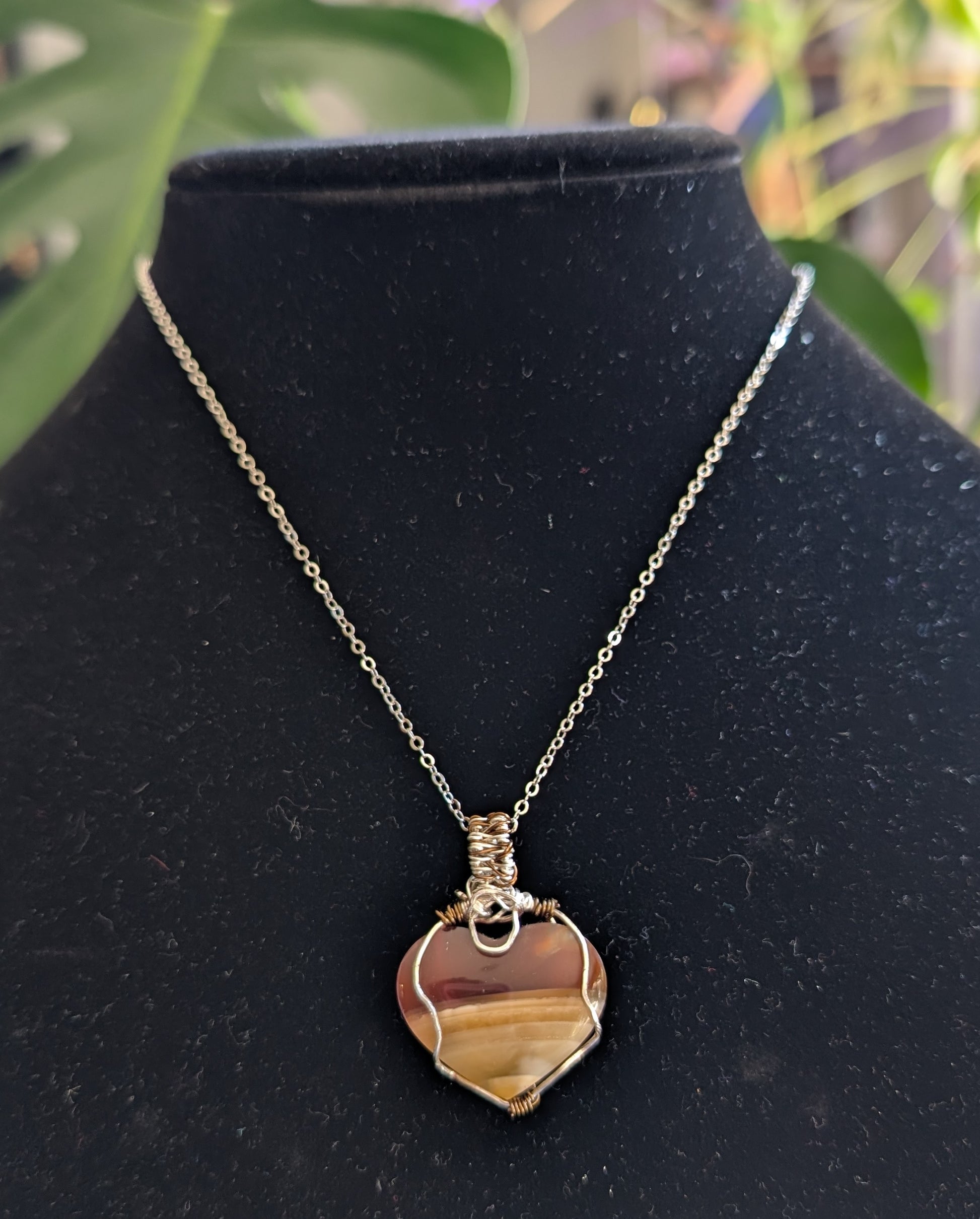 Wire Wrapped Banded Carnelian Heart Pendant