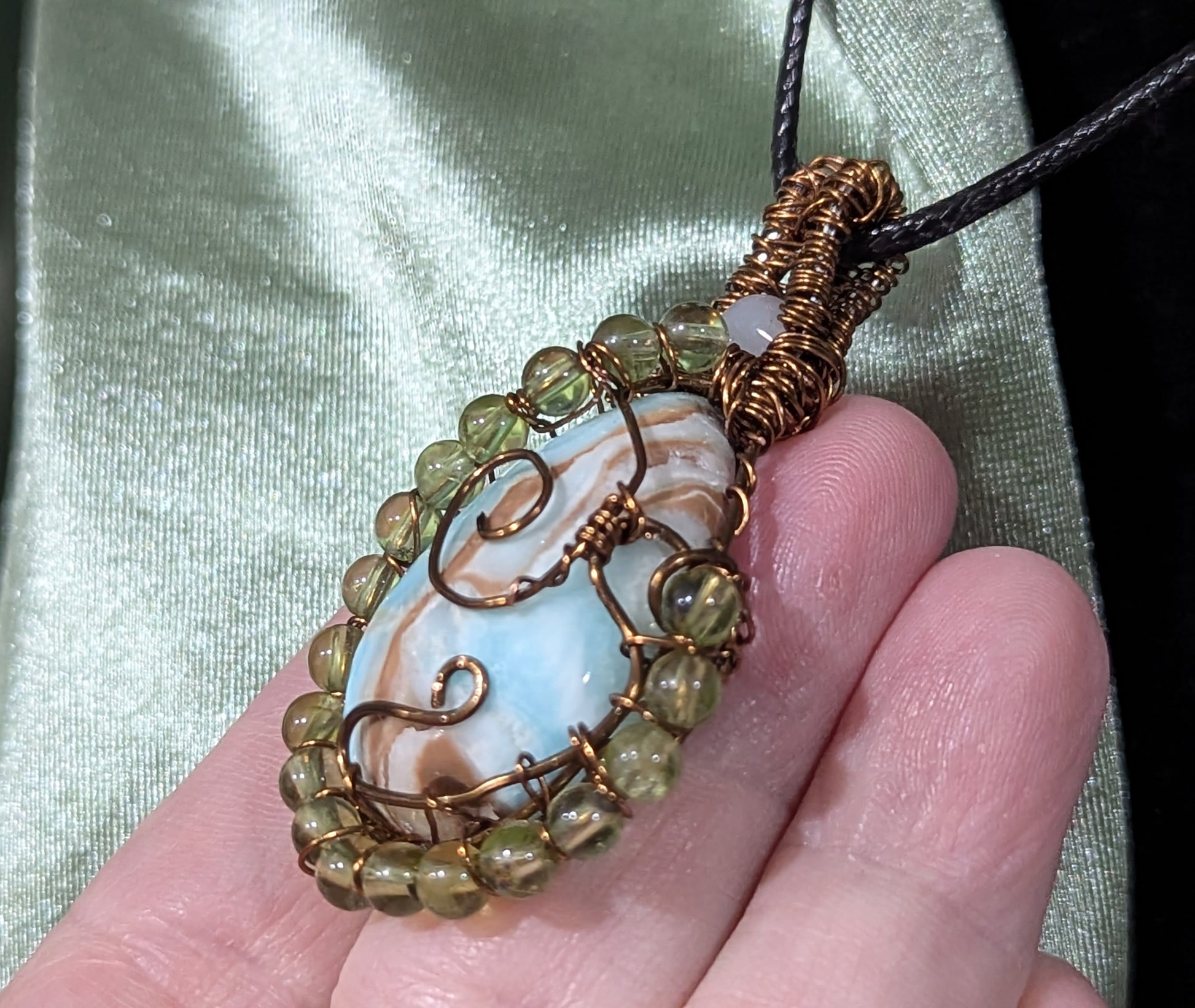 Wire Wrapped Blue Aragonite Pendant
