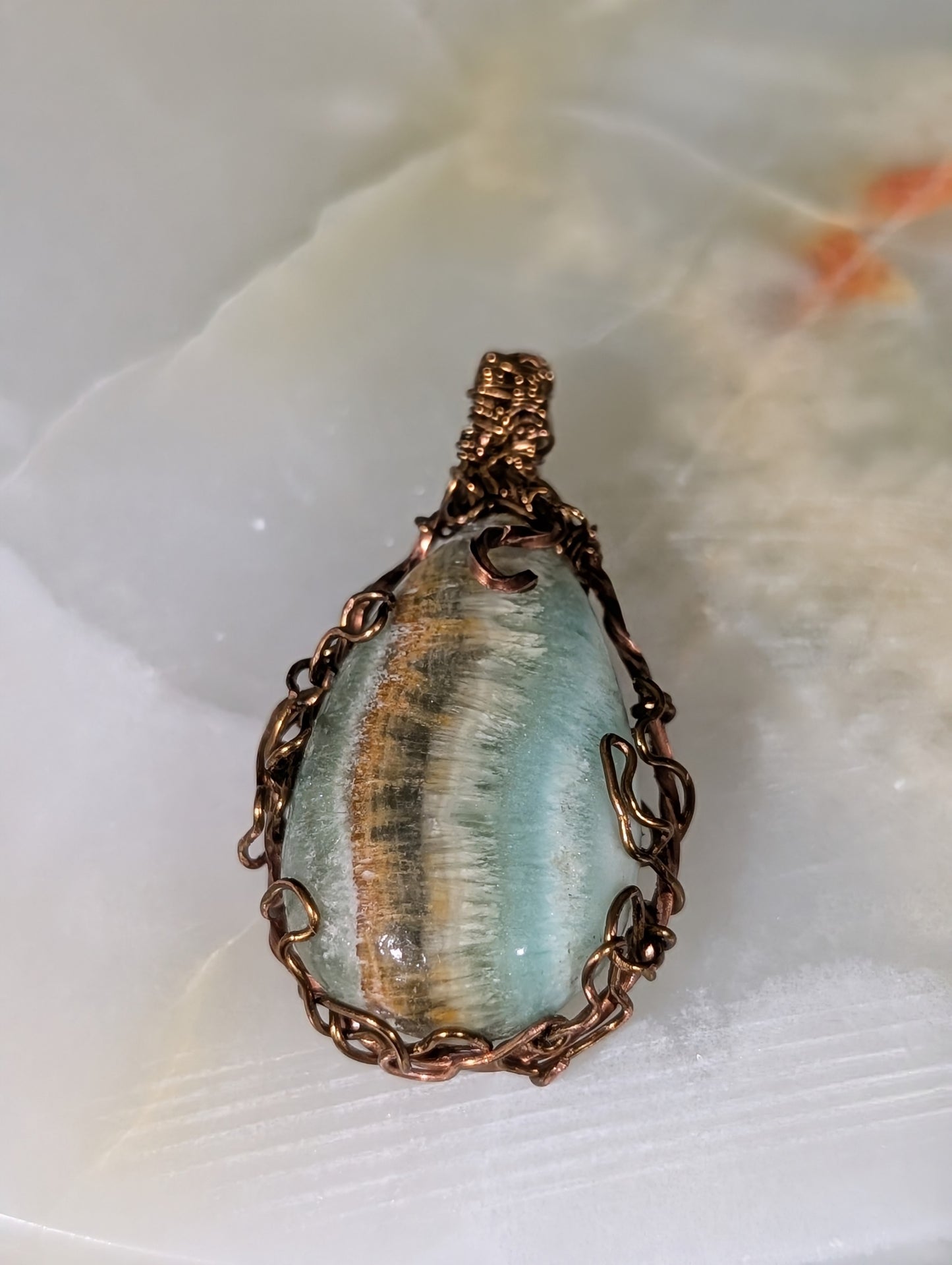 Wire Wrapped Blue Aragonite Pendant