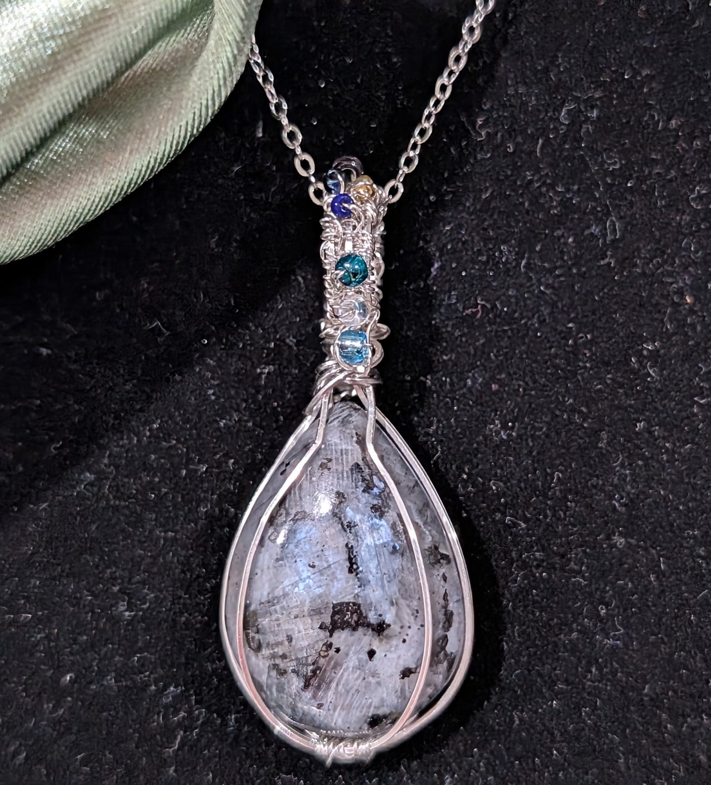 Wire Wrapped Larvikite Pendant with Glass Beads