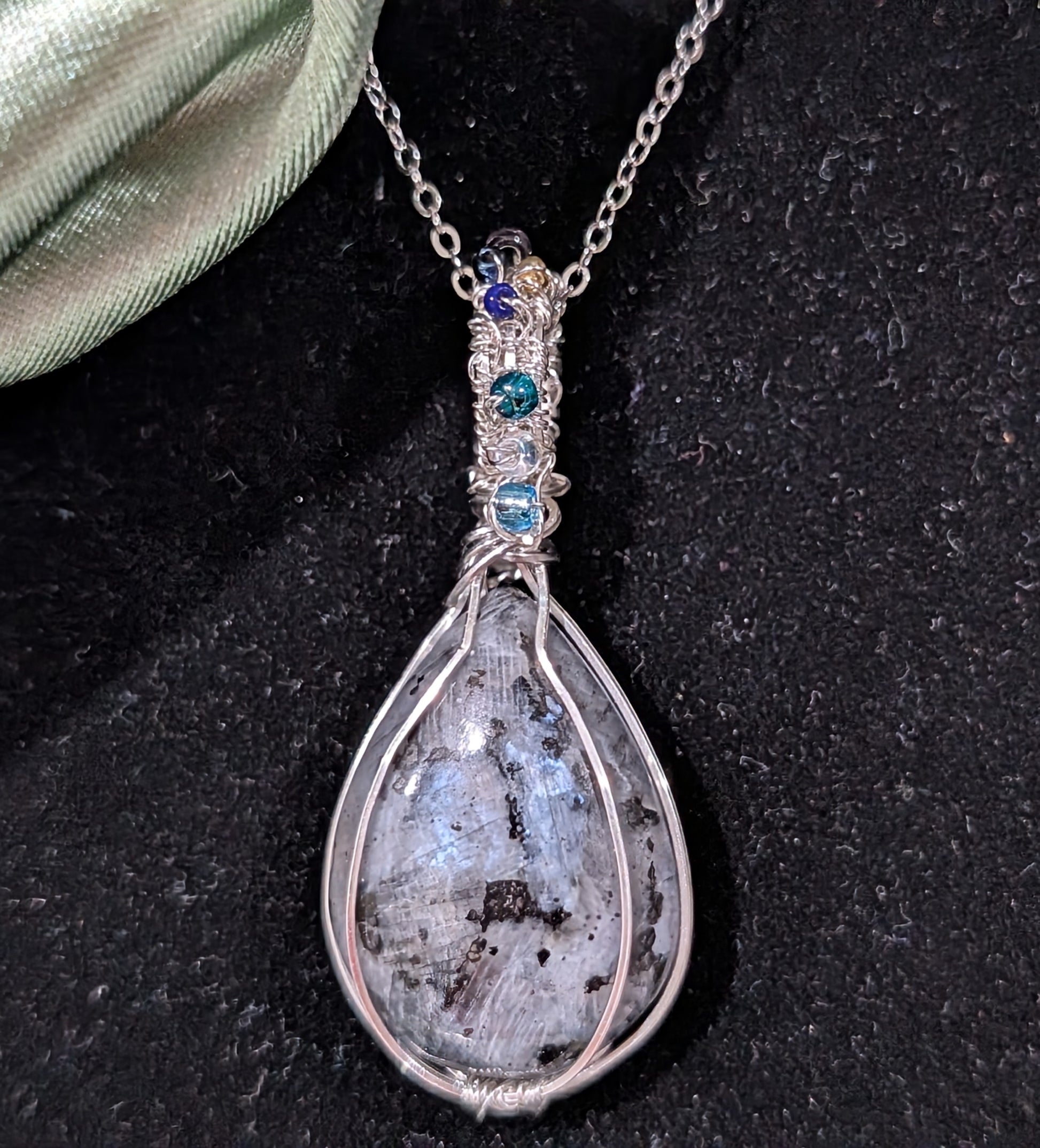 Wire Wrapped Larvikite Pendant with Glass Beads