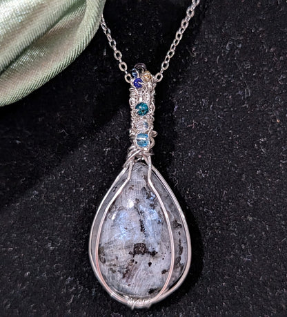 Wire Wrapped Larvikite Pendant with Glass Beads