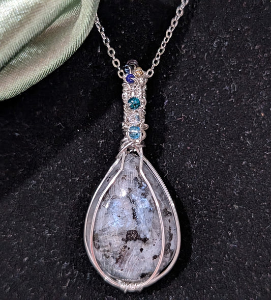 Wire Wrapped Larvikite Pendant with Glass Beads
