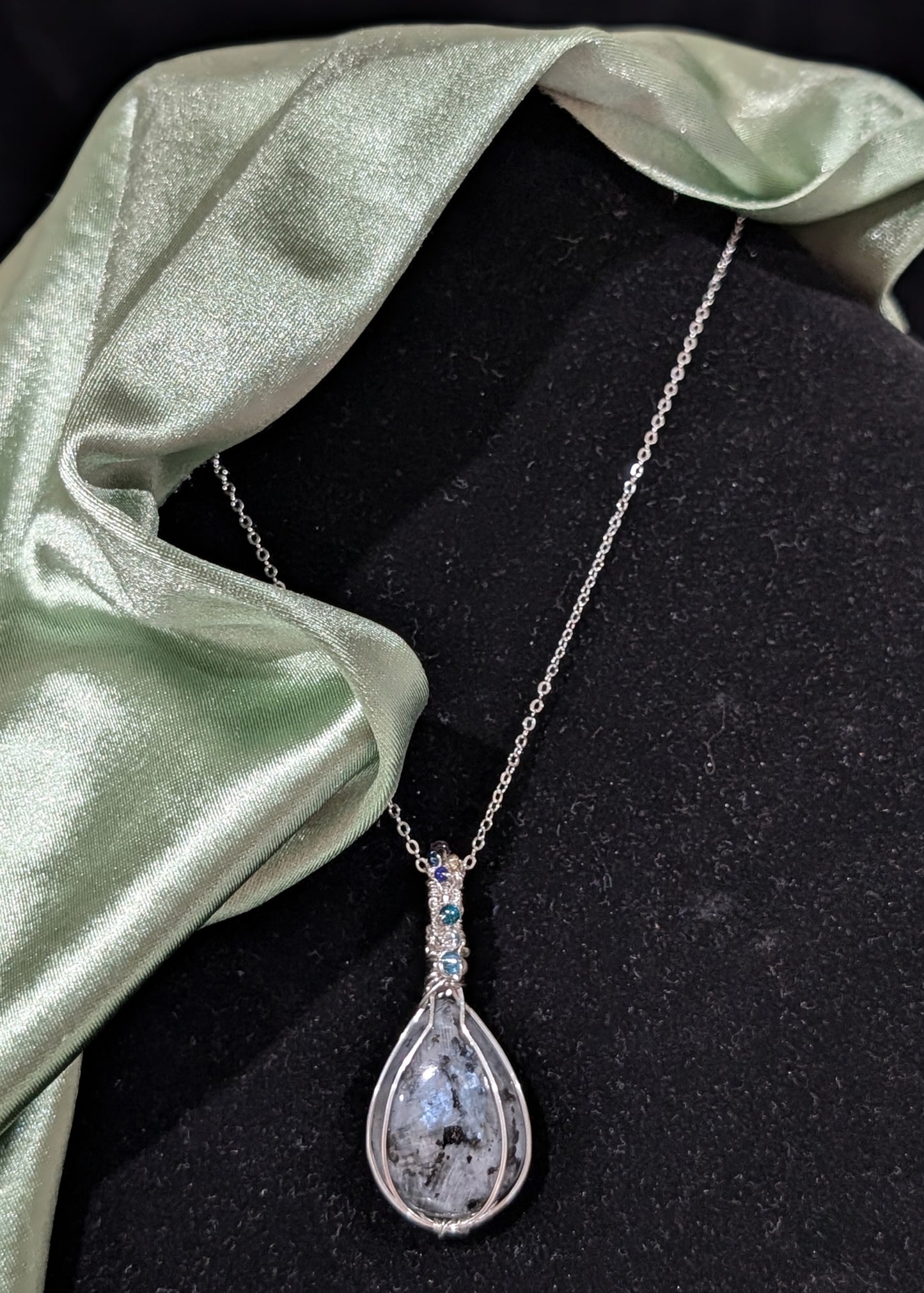 Wire Wrapped Larvikite Pendant with Glass Beads