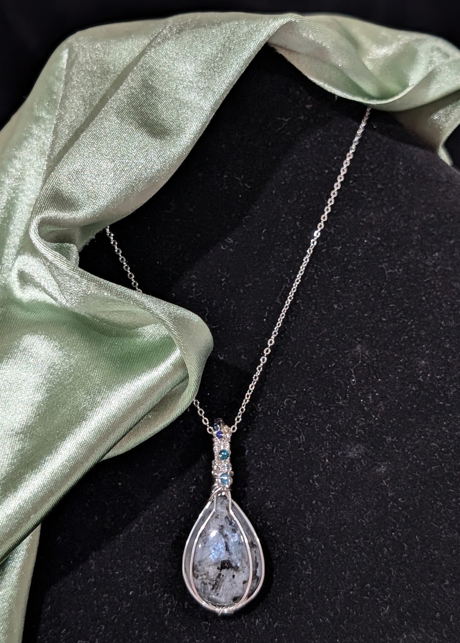 Wire Wrapped Larvikite Pendant with Glass Beads