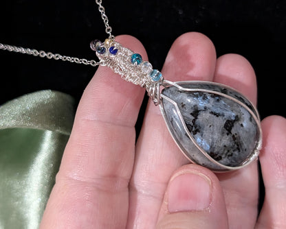Wire Wrapped Larvikite Pendant with Glass Beads