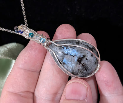 Wire Wrapped Larvikite Pendant with Glass Beads