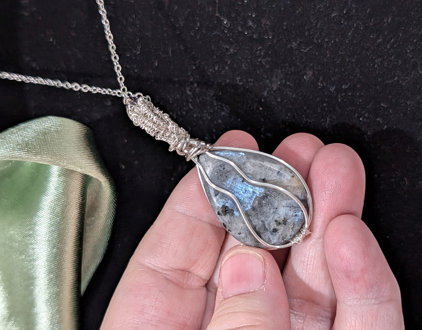 Wire Wrapped Larvikite Pendant with Glass Beads