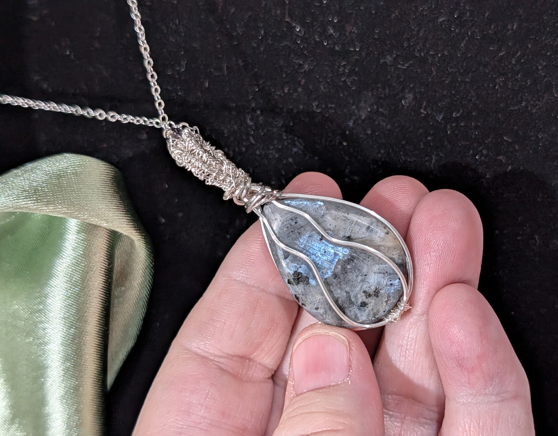 Wire Wrapped Larvikite Pendant with Glass Beads