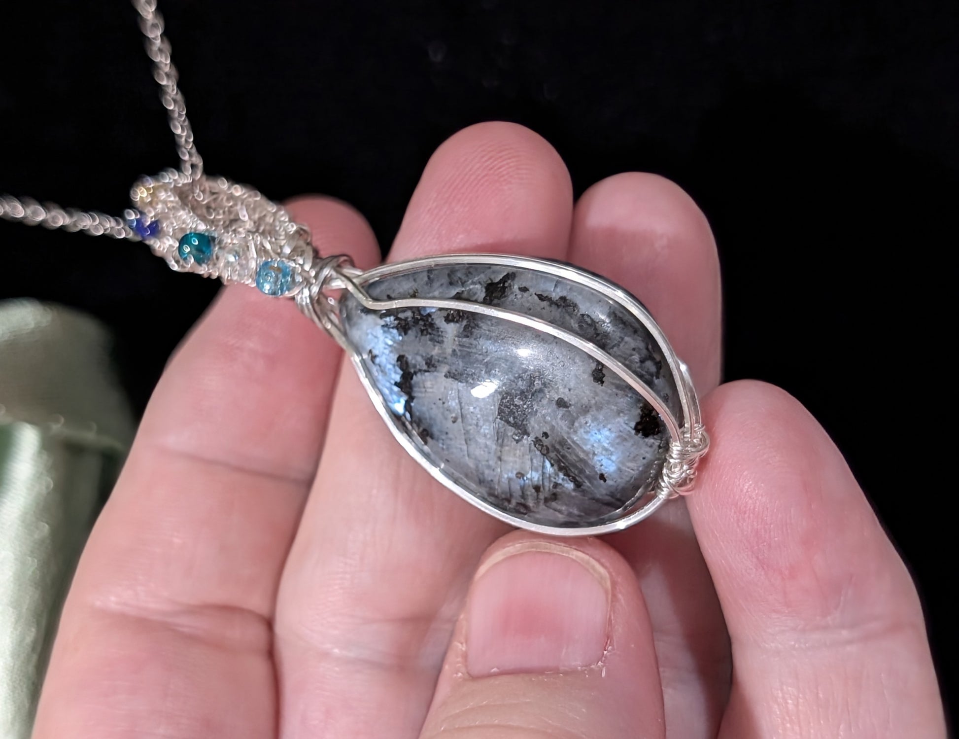 Wire Wrapped Larvikite Pendant with Glass Beads