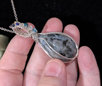 Wire Wrapped Larvikite Pendant with Glass Beads