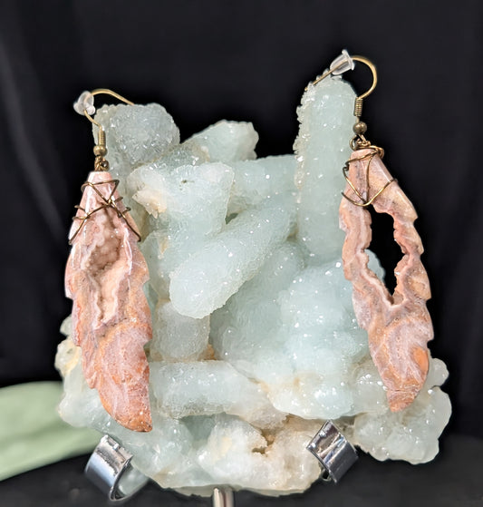 Wire Wrapped Pink Crazy Lace Agate Feather Earrings