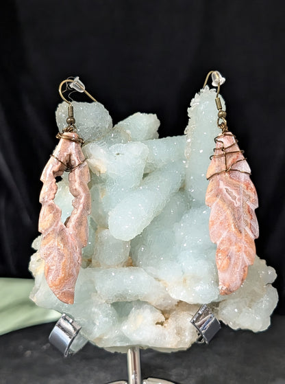 Wire Wrapped Pink Crazy Lace Agate Feather Earrings