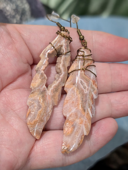 Wire Wrapped Pink Crazy Lace Agate Feather Earrings