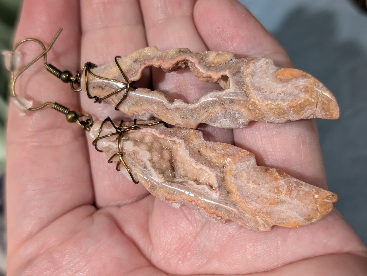 Wire Wrapped Pink Crazy Lace Agate Feather Earrings