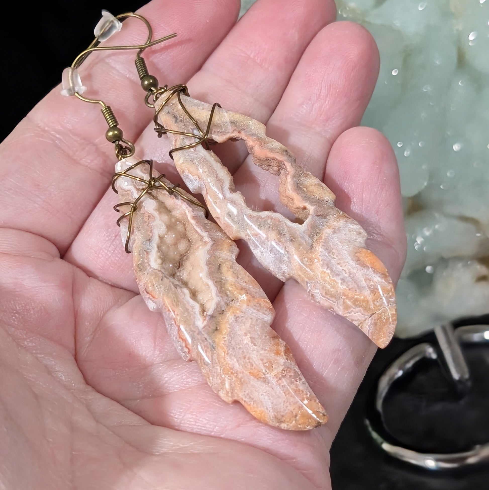 Wire Wrapped Pink Crazy Lace Agate Feather Earrings