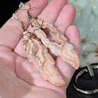 Wire Wrapped Pink Crazy Lace Agate Feather Earrings