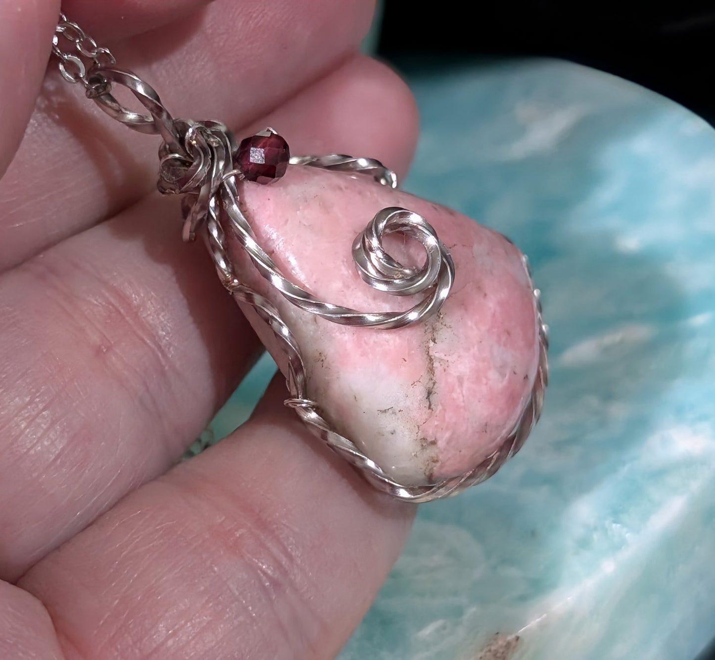 Wire Wrapped Rhodochrosite Pendant