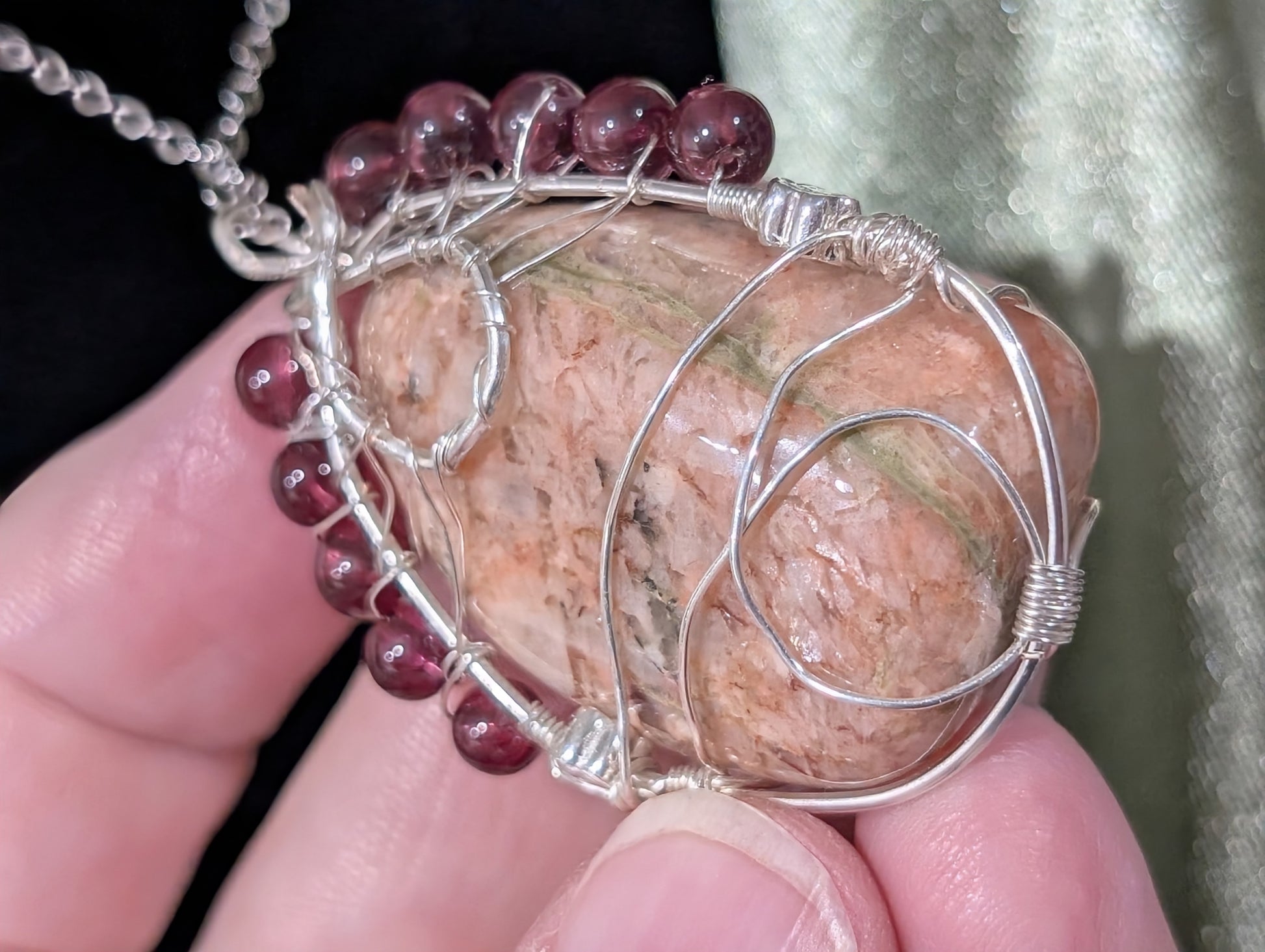 Wire Wrapped Lake Huron Unakite Pendant
