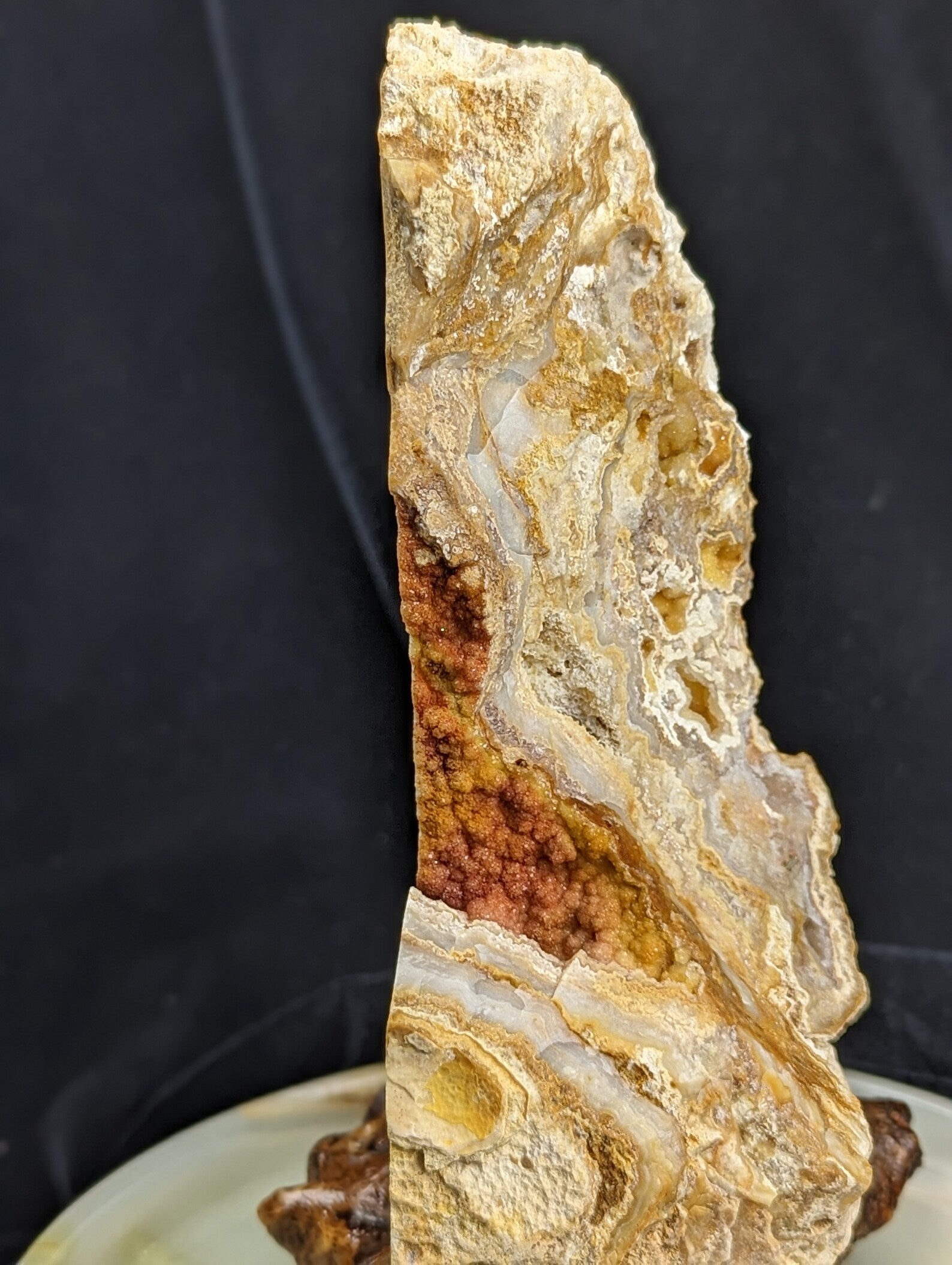 Yellow Crazy Lace Agate Geode Specimen with Mistletoe Wood Stand 1B