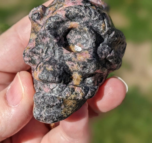 Rhodonite Skull and Snakes Carving