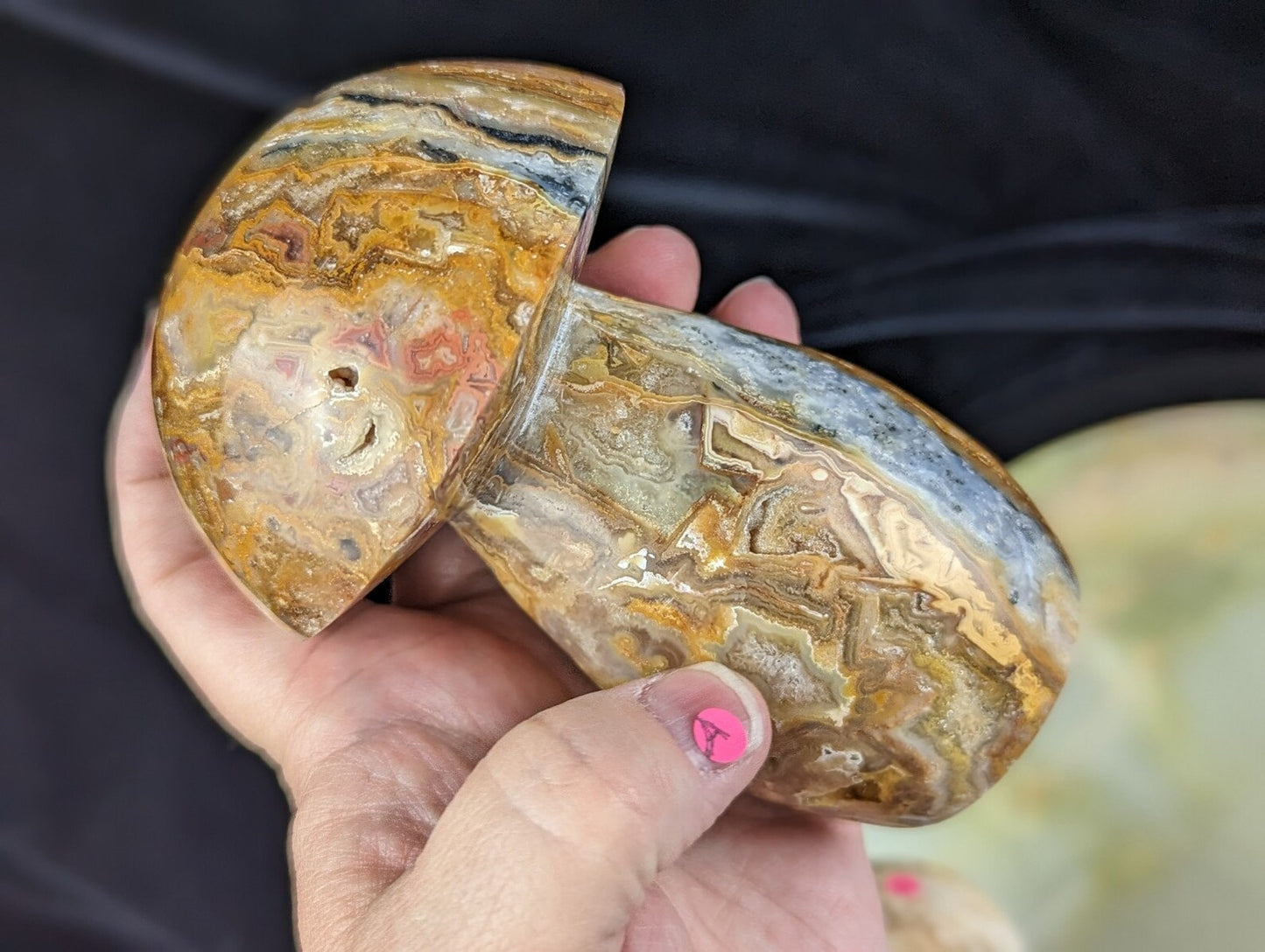 Large Yellow Crazy Lace Agate Mushroom Carving with Druzy Pockets