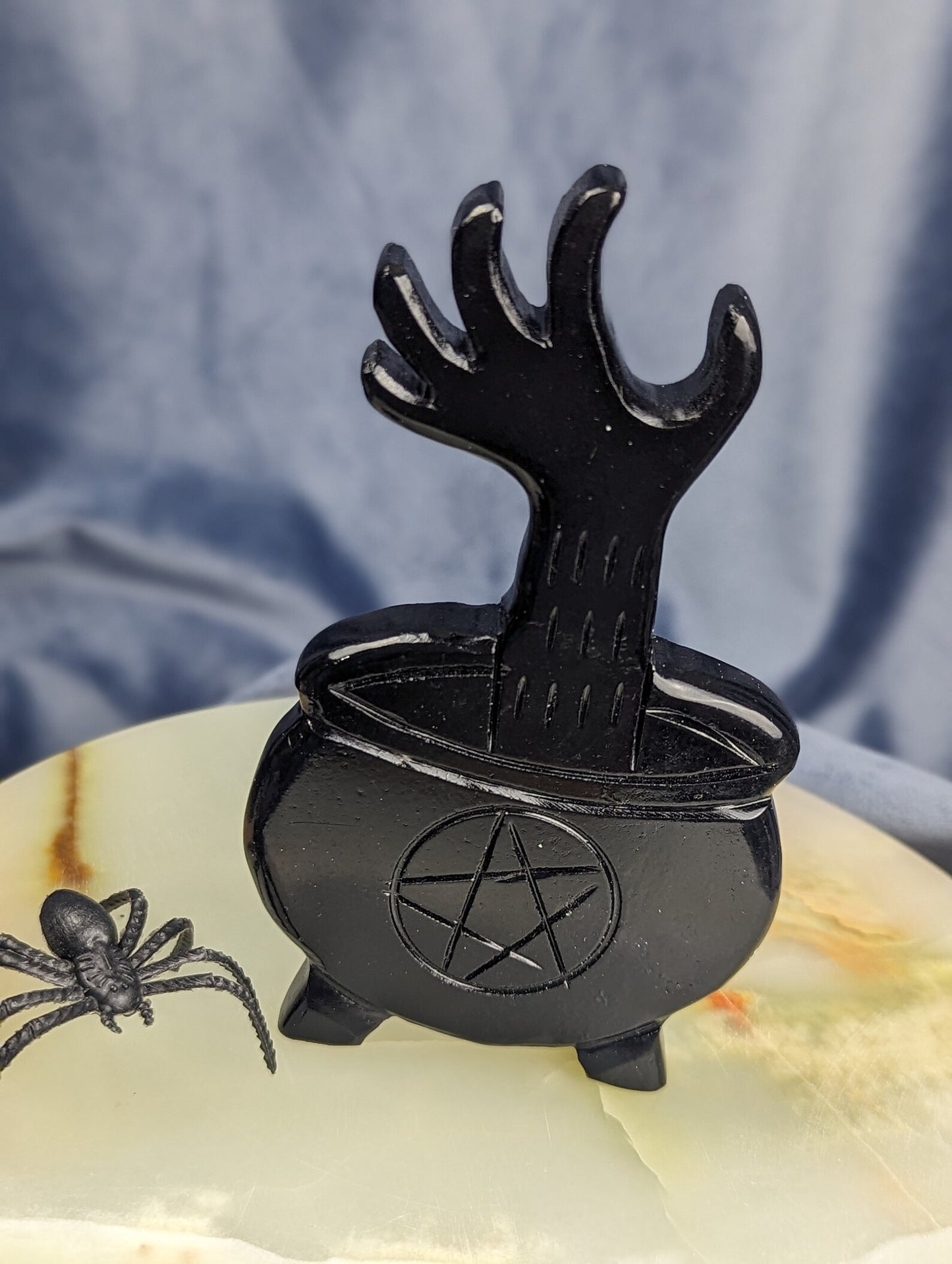 Hand Carved Black Jade Hand in Cauldron Figurine