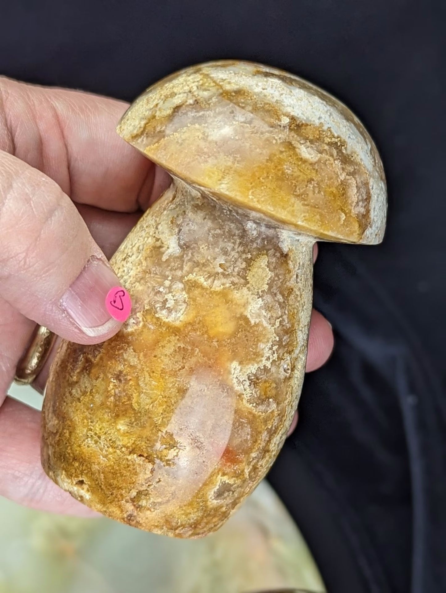 Large Yellow Crazy Lace Agate Mushroom Carving with Druzy Pockets