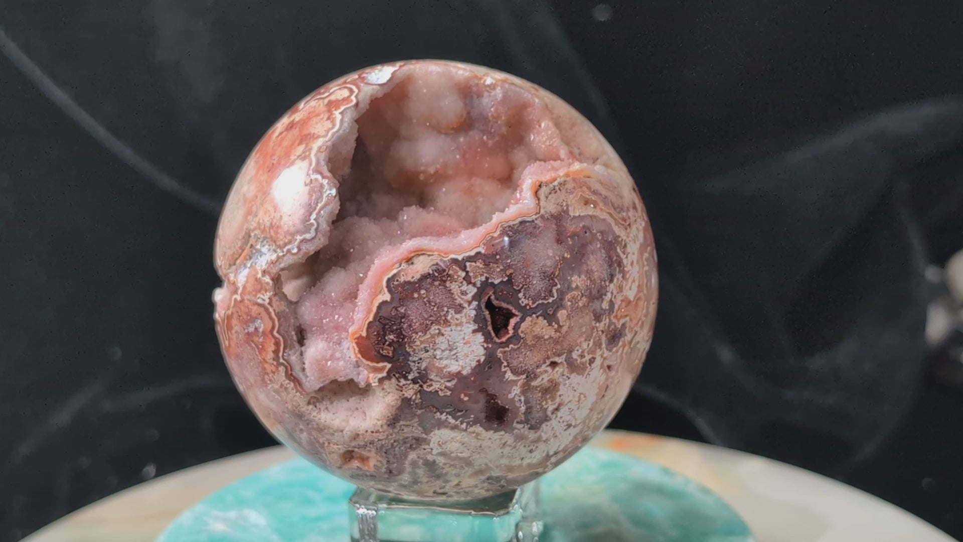 Hand Carved Druzy Pink Crazy Lace Agate Sphere
