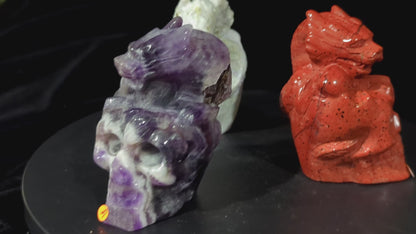 Dragon On Skull Carvings ~ Dream Amethyst ~ Red Jasper ~ Purple Howlite