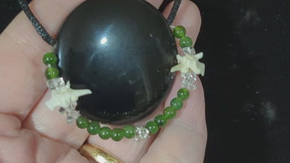 Beaded Obsidian Mirror Pendant with Nephrite Jade and Herkimer Diamonds