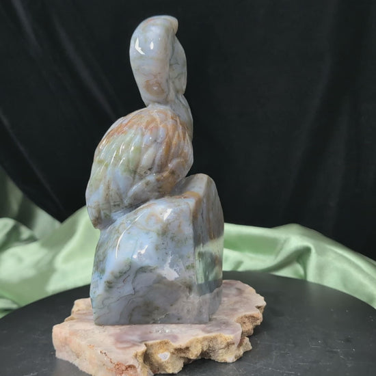 Moss Agate Flamingo Figurine