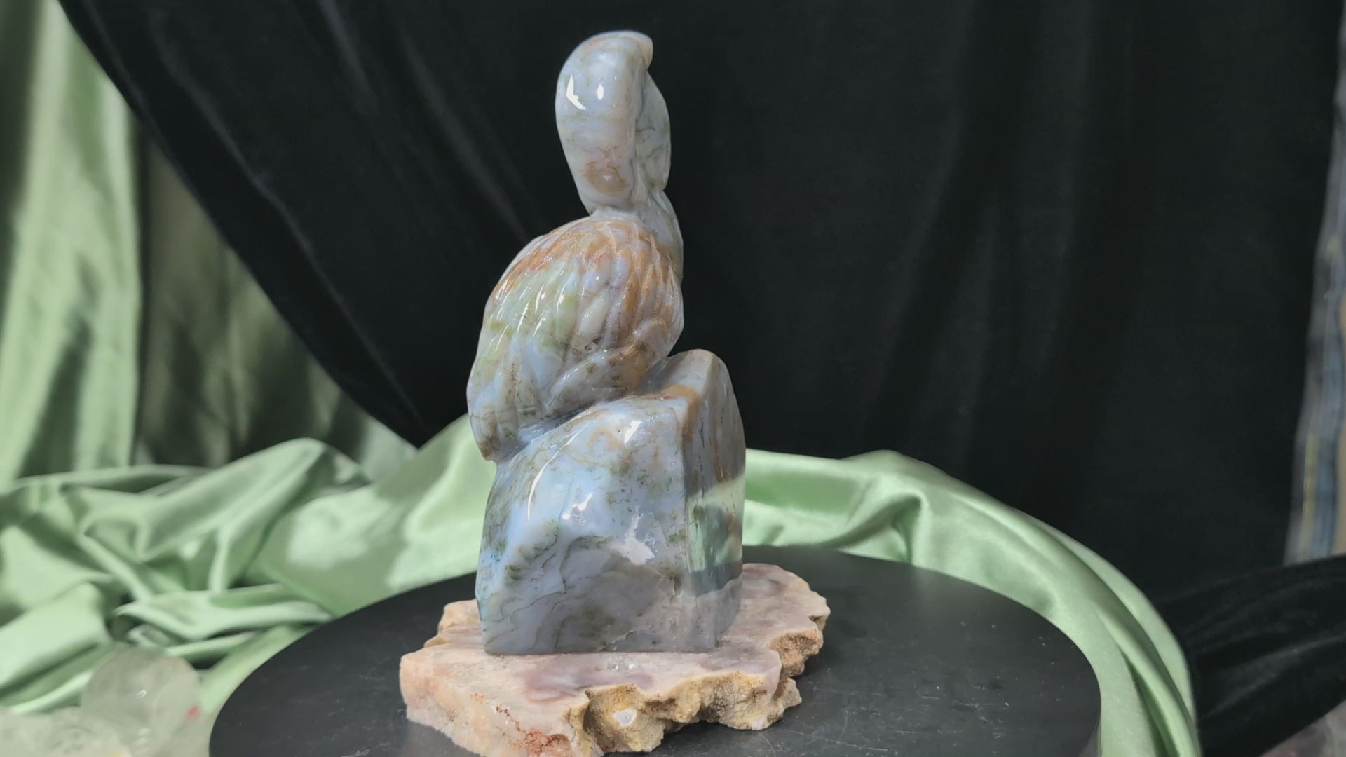 Moss Agate Flamingo Figurine