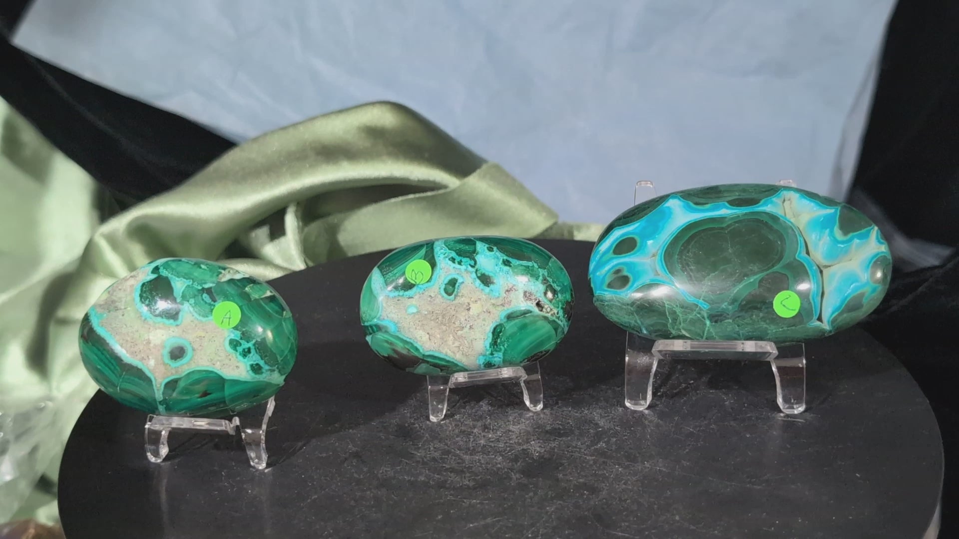 Chrysocolla with Malachite Palm Stones