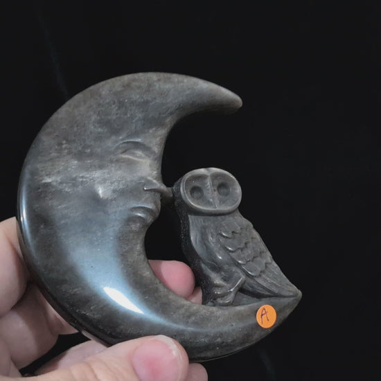 Silver Sheen Obsidian Moon with Owl Carvings