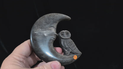 Silver Sheen Obsidian Moon with Owl Carvings