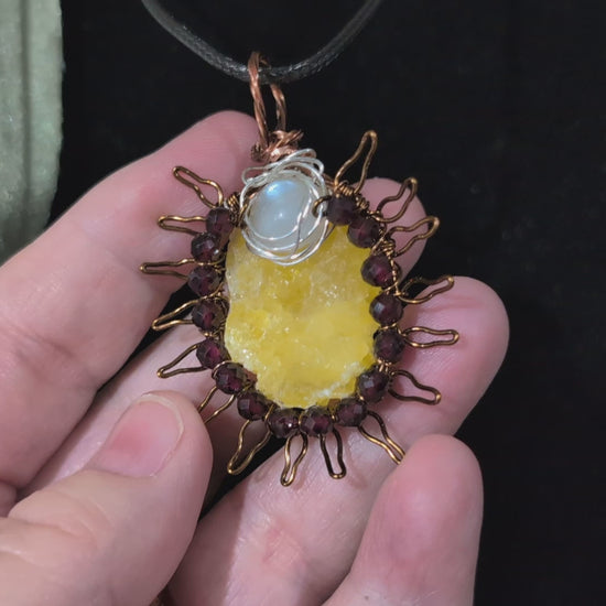 Raw Brucite Sun and Moonstone Pendant