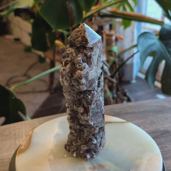 Hand Carved Banded Brown Aragonite Raw Edge Tower