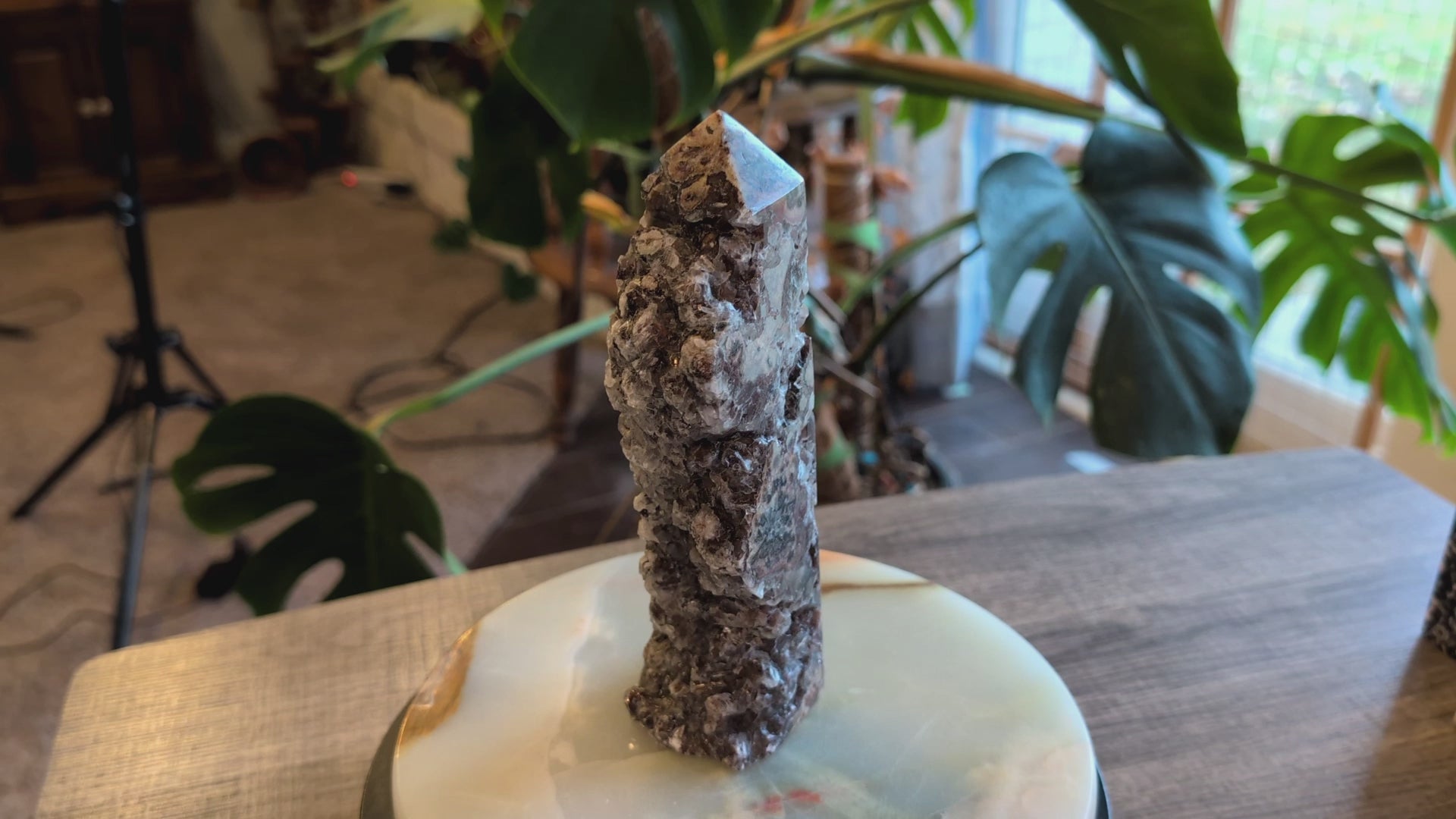 Hand Carved Banded Brown Aragonite Raw Edge Tower