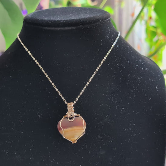 Wire Wrapped Banded Carnelian Heart Pendant