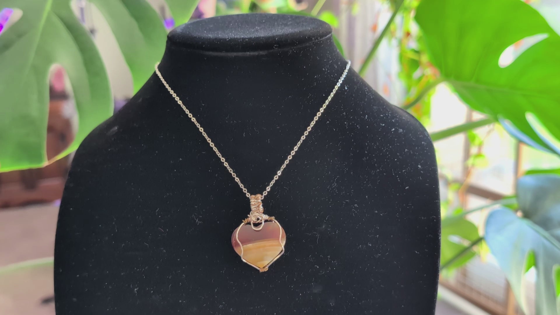 Wire Wrapped Banded Carnelian Heart Pendant