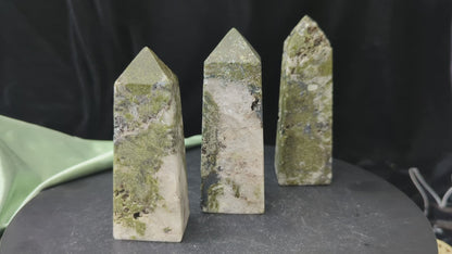 Epidote with Quartz Towers ~ Hand Carved Natural Epidote Towers Quartz Matrix