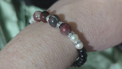 Thulite Bracelet with Black Tourmaline and Pearls